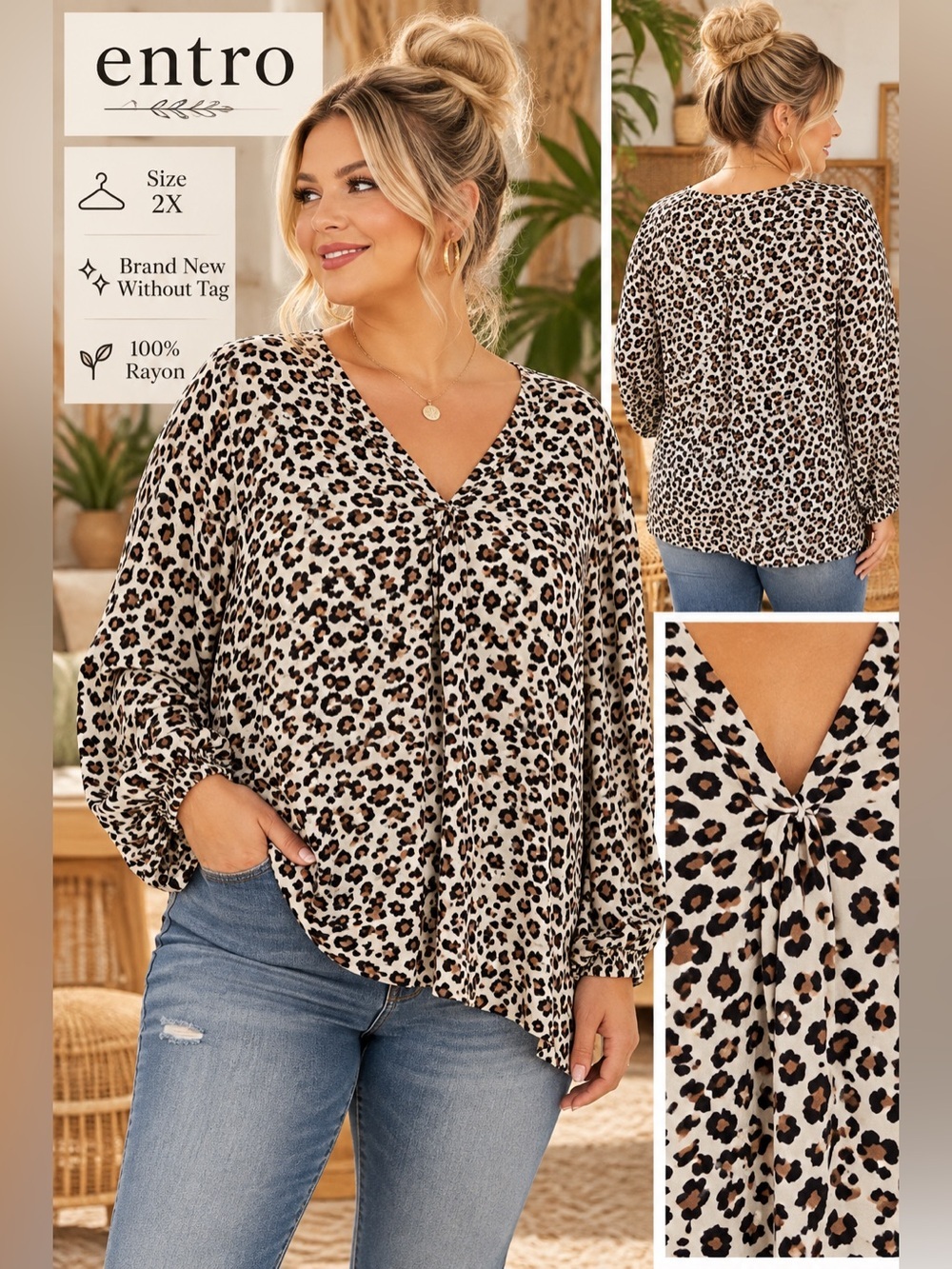 Entro Leopard Print V-Neck Long Sleeve Blouse Plus Size 2X